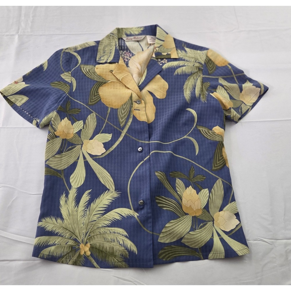 Tommy Bahama Silk Shirt Womens XS Blue Tropical Floral Hawaiian Coastal Chic